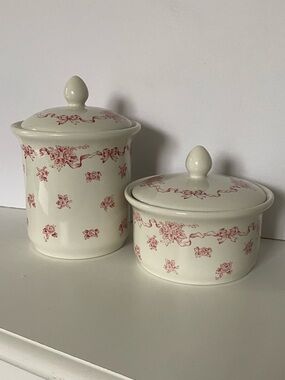 Laura Ashley Ribbons Roses Vanity Dressing Set Vintage Canister 2 Piece Set Pink